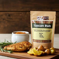 Spice n Easy Tuscan rub pouch standing upright on a dark surface