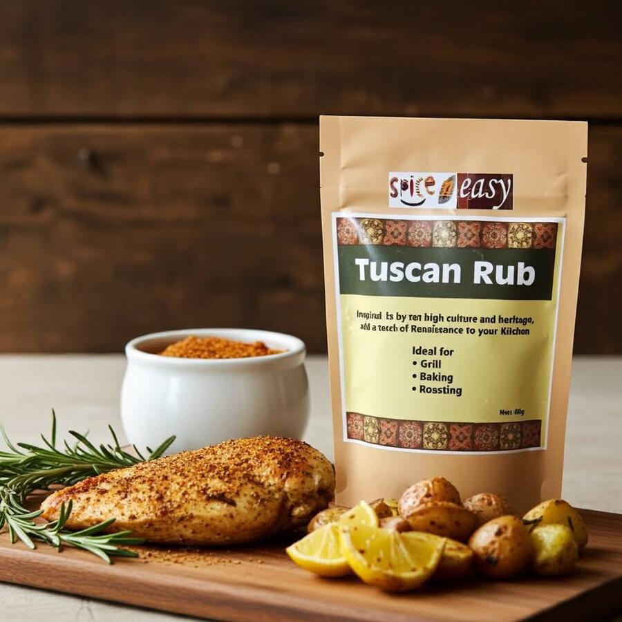 Spice n Easy Tuscan rub pouch standing upright on a dark surface